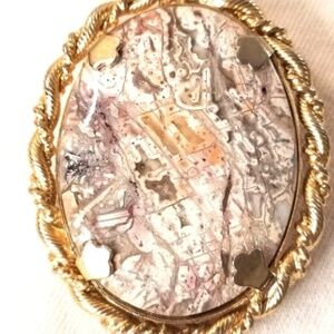 Vintage Sweater Necklace Rope Chain Gold Tone Large Agate Pendant